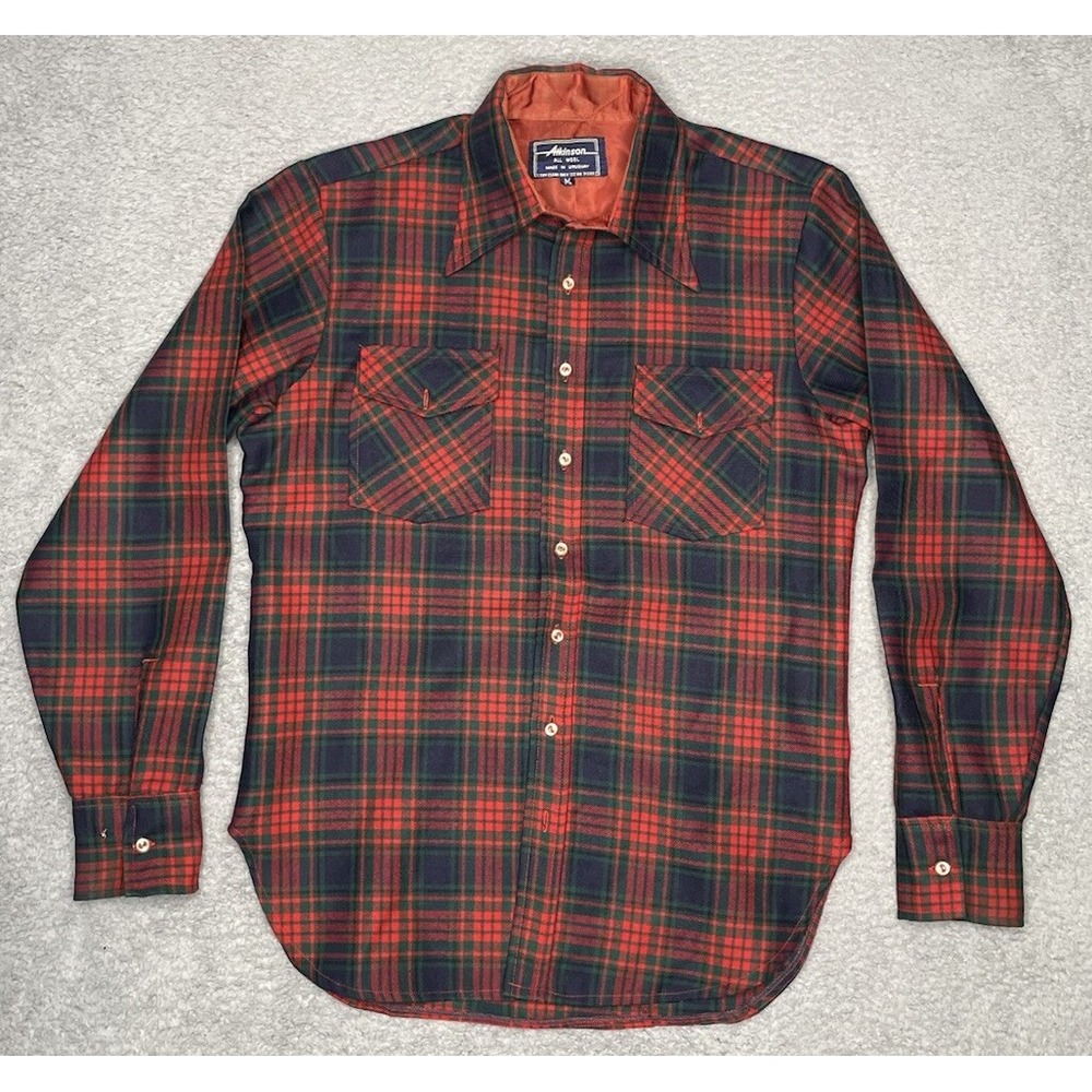 Rare Vintage Atkinson Button Up Shirt Mens M Plaid Long Sleeve 100% Virgin Wool‎